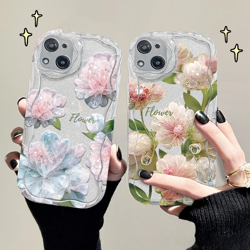 适用苹果15plus手机壳水晶花奶油纹透明软壳镜头全包防摔保护套