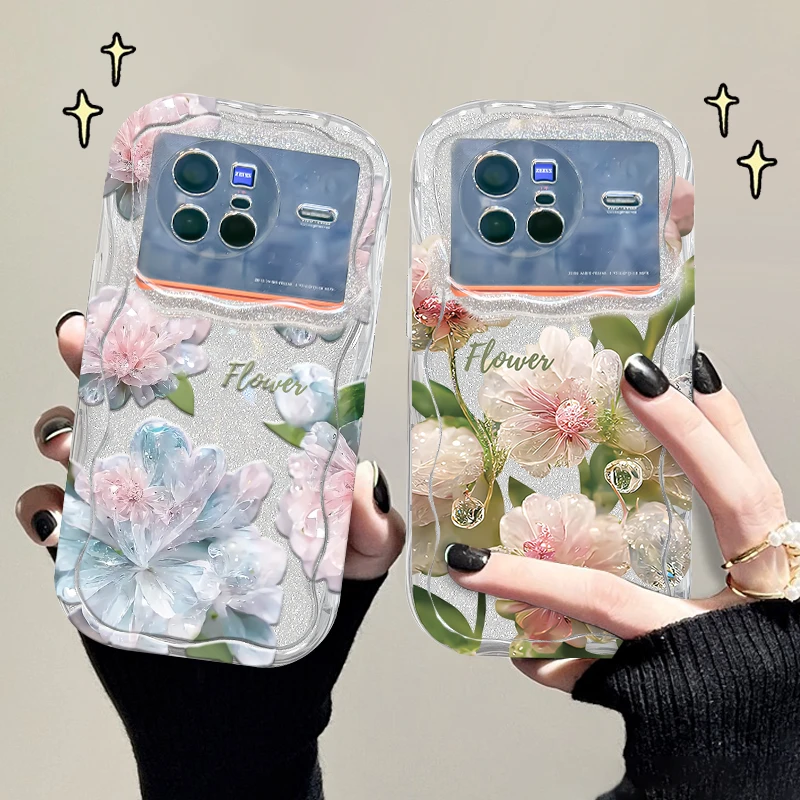 适用VIVOx80手机壳水晶花奶油纹透明软壳镜头全包防摔保护套
