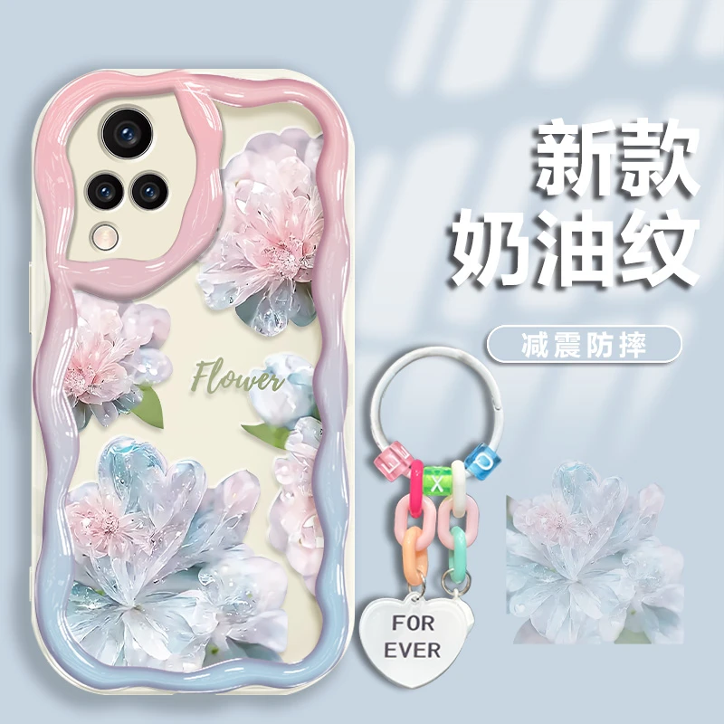 适用于vivos9手机壳渐变水晶花奶油纹硅胶防摔软壳镜头全包