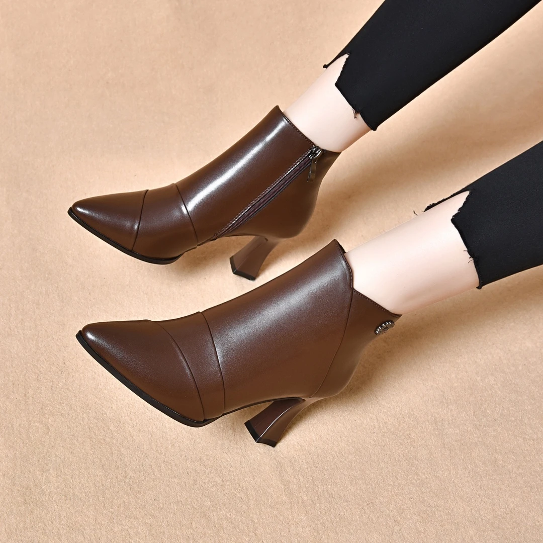 三种跟高小裸靴女2024年秋冬季新款尖头方根加绒棉靴拼接款真皮靴