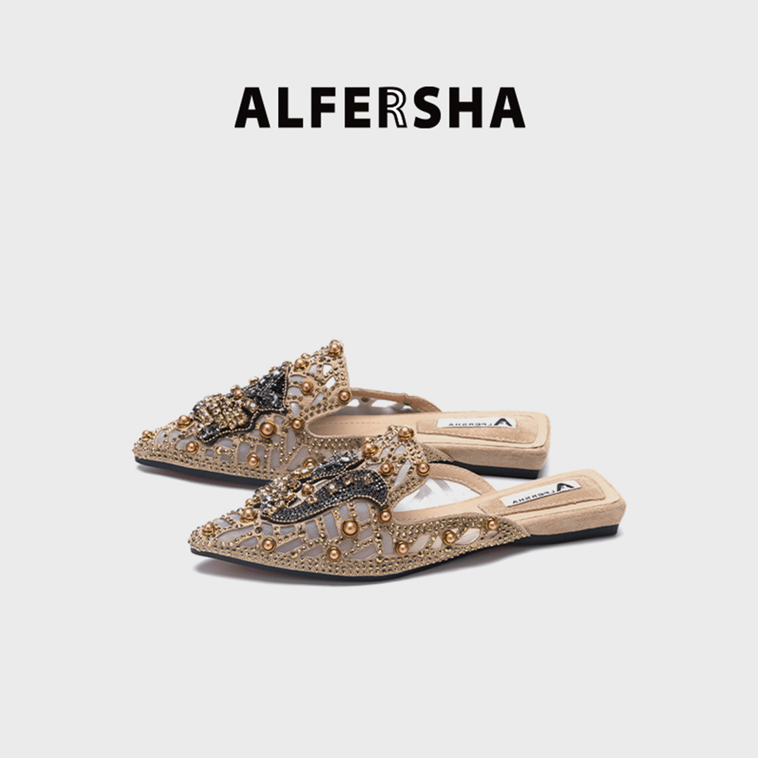 【黄奕同款】阿芙莎手工鞋3888夏季透气尖头平底九尾狐半包头拖B