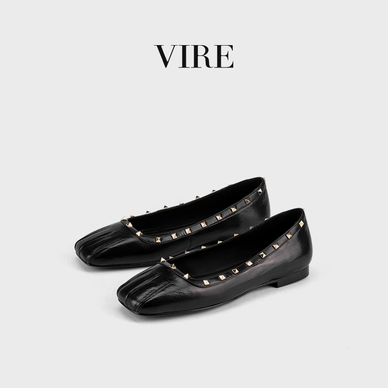 VIRE/953326新款女士气质舒适百搭奶奶鞋铆钉平跟方头单鞋