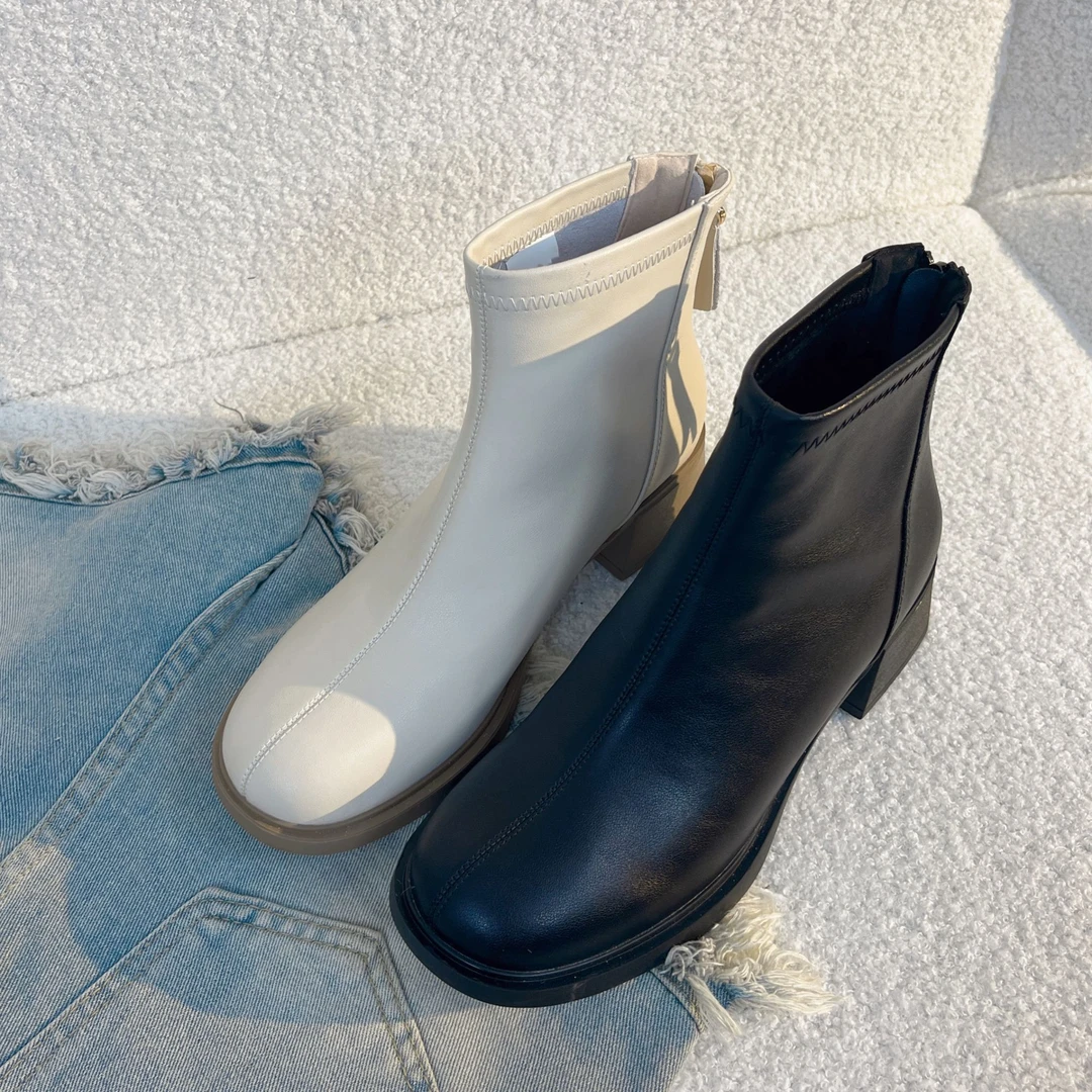 法式小短靴女2024新款靴子高跟马丁靴女春秋单靴加绒短靴