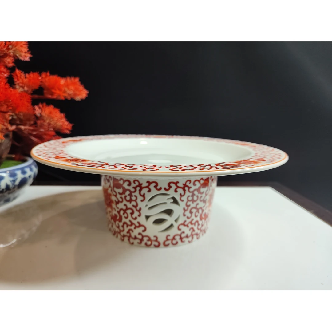 手工11英寸双耳圆形手绘鸭炉盘缠枝珐琅彩陶瓷盘子餐盘大盘家用