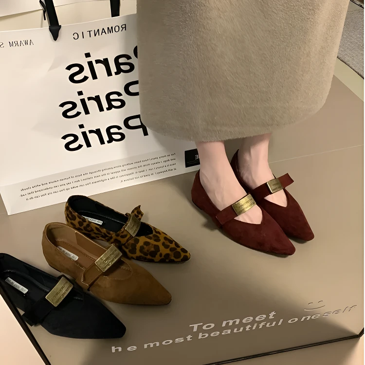 法式内增高尖头小皮鞋金属一字扣带玛丽珍软面气质单鞋职业工作鞋