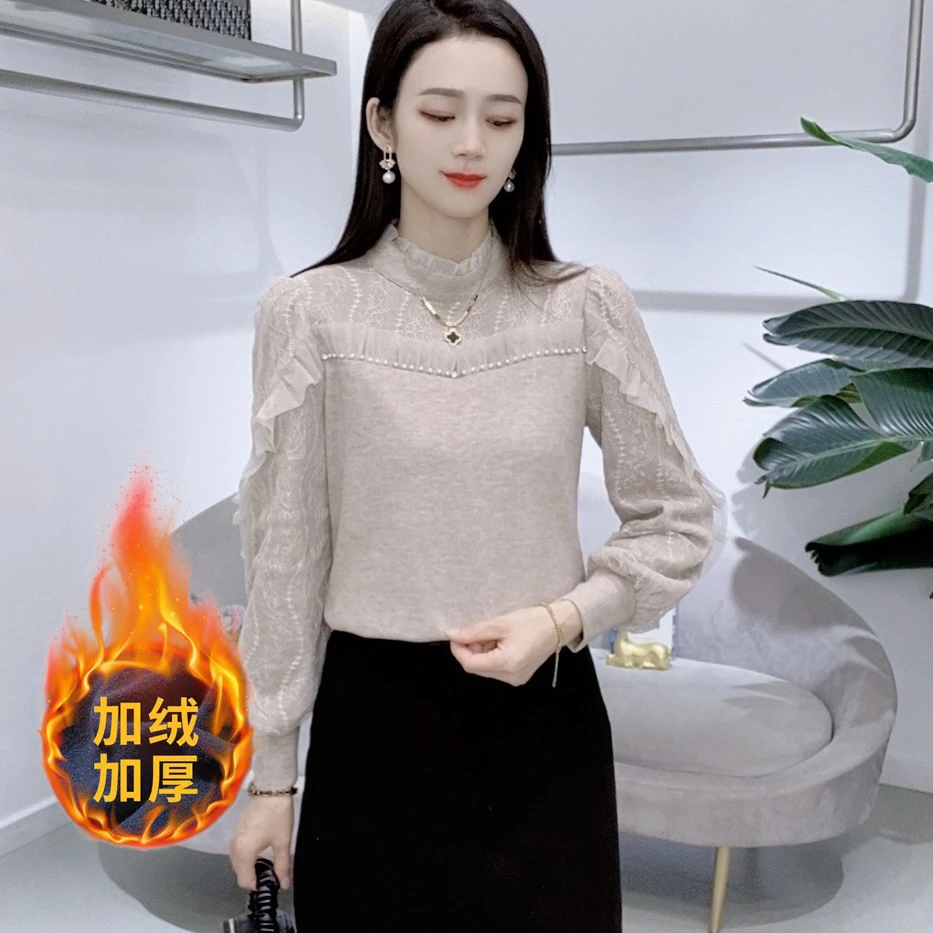 A7362针织打底衫女秋季蕾丝泡泡袖拼接洋气小衫荷叶边上衣
