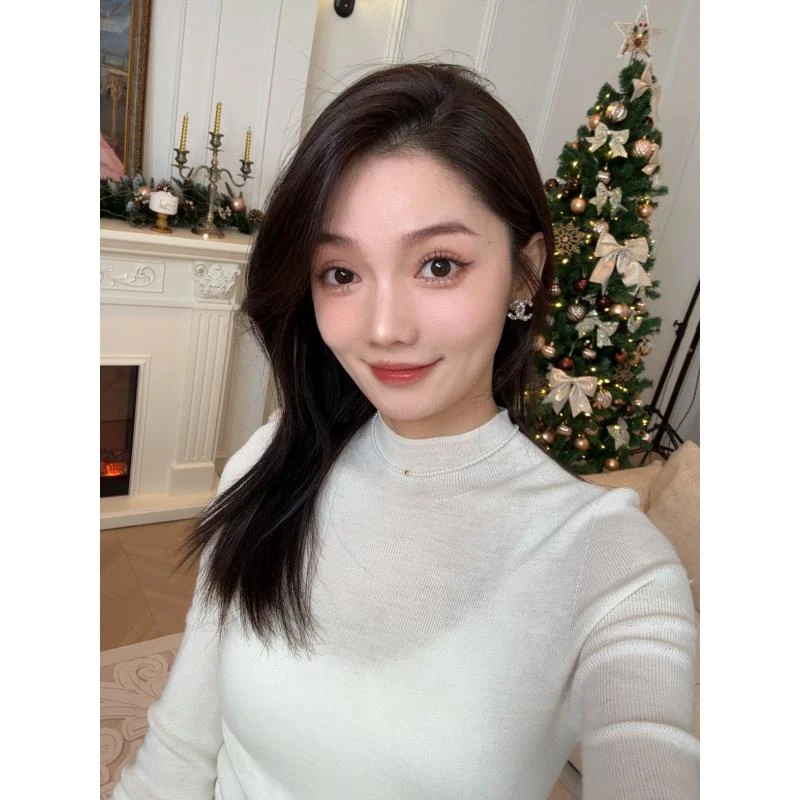 冯（CHAOMEI【暖冬黑与白】知性纯色100%美丽诺羊毛针织衫TGSC02401