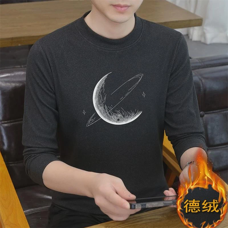 保暖内衣上衣男秋冬双面德绒秋衣潮流月亮印花恒温t恤男圆领卫衣