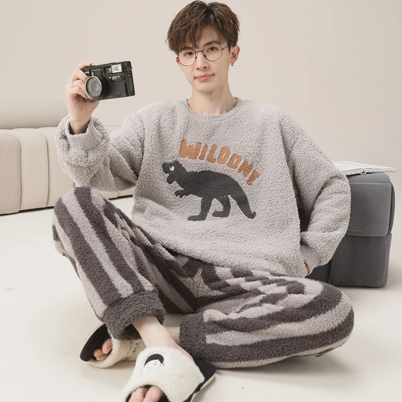 半边绒睡衣男士冬季卡通珊瑚绒男款加绒青少年冬天保暖家居服套装
