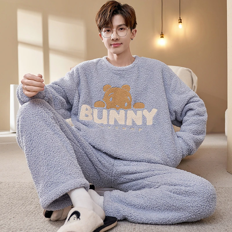 半边绒男士睡衣冬季加绒卡通青少年珊瑚绒男款保暖冬款家居服套装