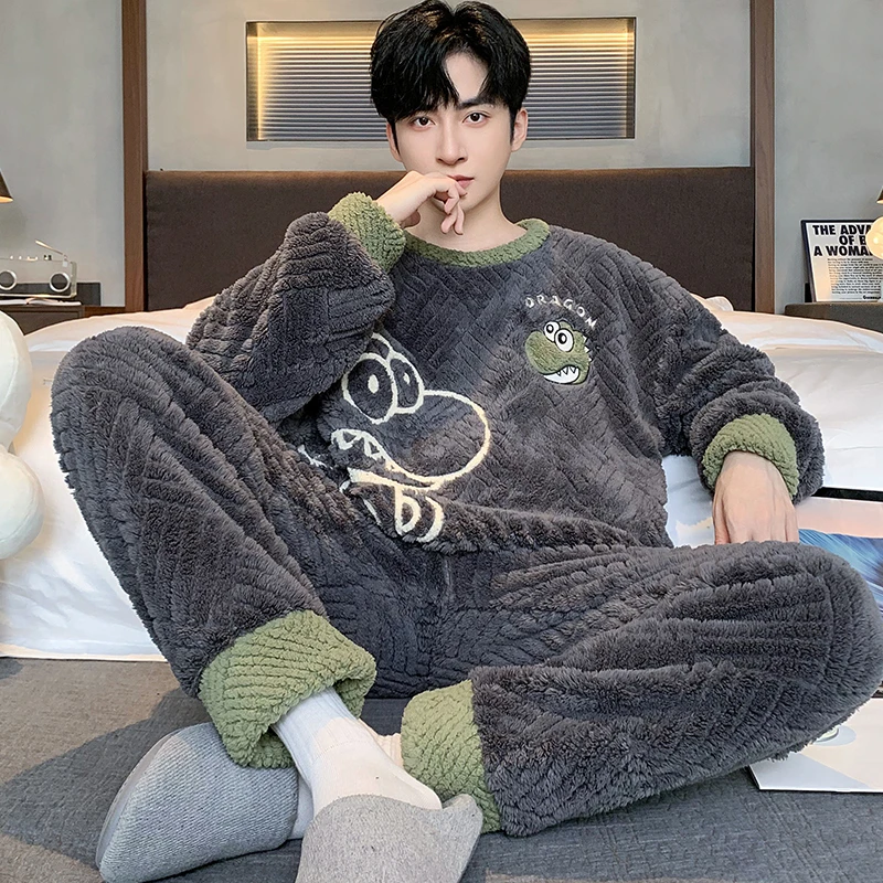 珊瑚绒睡衣男士春秋冬季加绒加厚男款法兰绒大码青少年冬款家居服