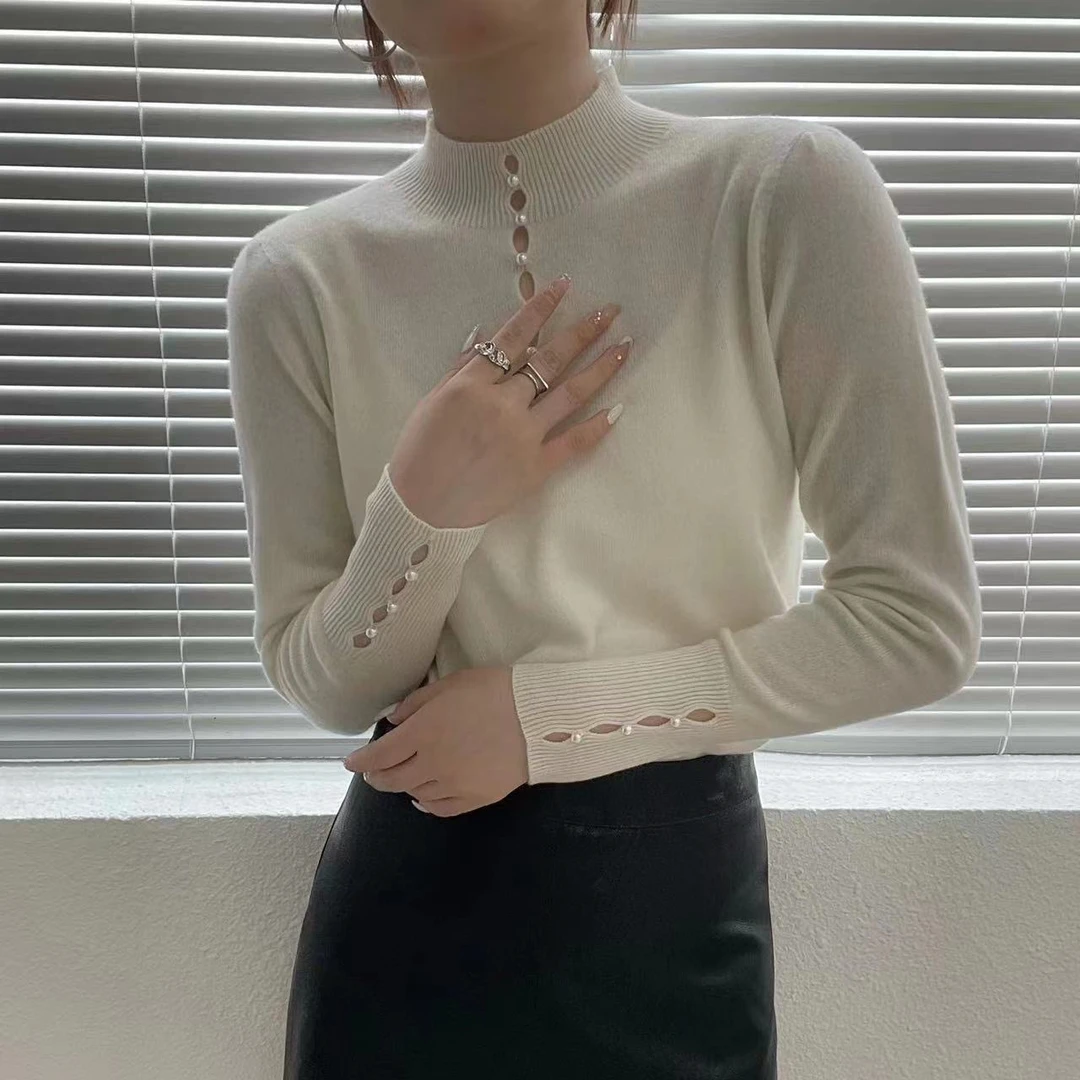 100羊毛气质镂空珍珠打底半高领针织女衫显瘦百搭时尚女士打底衫