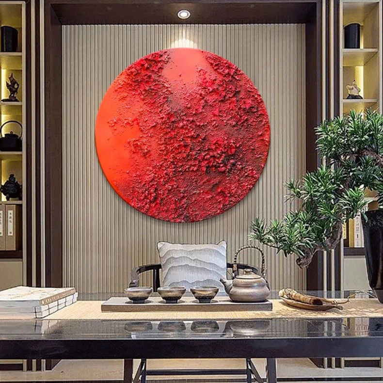 FLD.手绘油画《圆实》现代极简红色肌理圆形装饰画轻奢玄关挂画