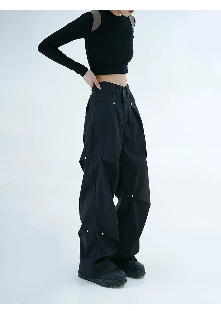 黑色工装裤女夏季薄款高腰休闲铆钉打褶设计感美式复古直筒阔腿裤
