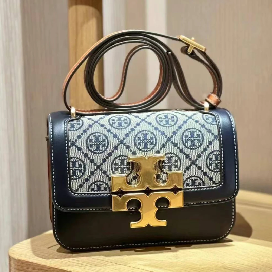 99新 TORY BURCH/汤丽柏琦 小号蓝色老花金砖翻盖包