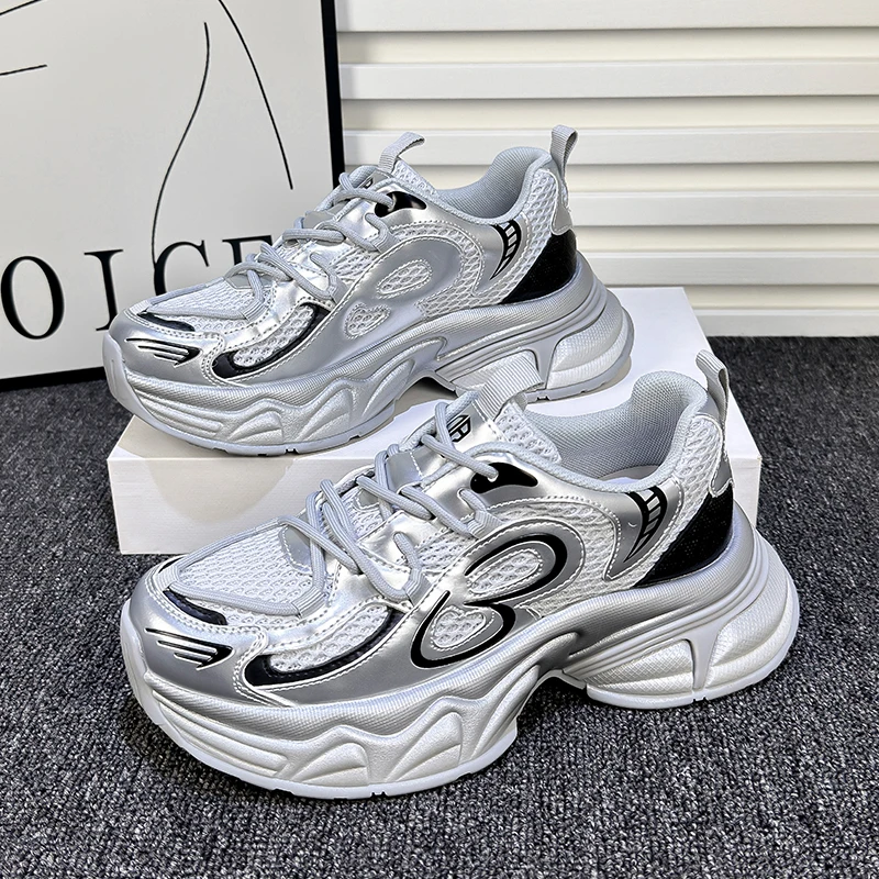 厚底银色老爹鞋女ins潮鞋2024夏季新款百搭网红透气时尚运动网鞋