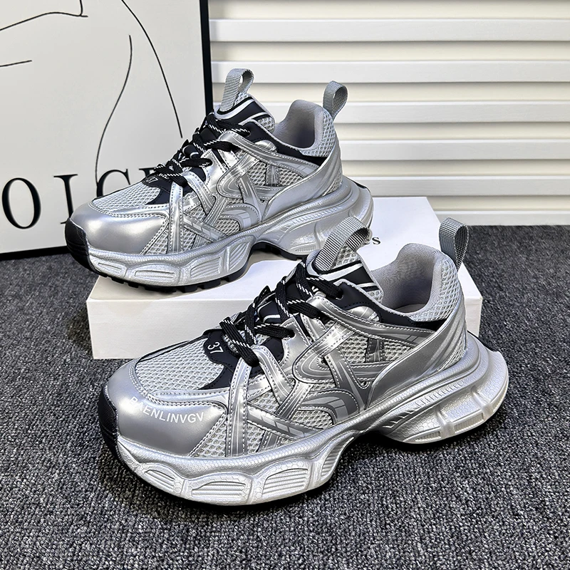 银色增高老爹鞋女ins2024秋季新款百搭厚底休闲鞋透气跑步运动鞋