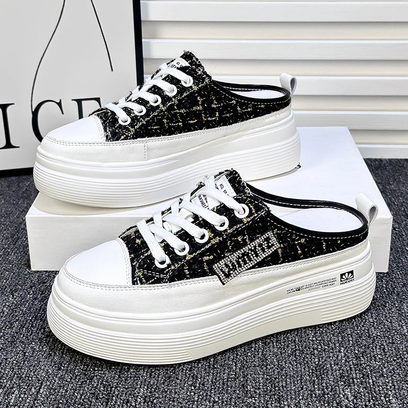 厚底包头半拖鞋女2024夏季新款百搭网红时尚透气松糕底系带半托鞋