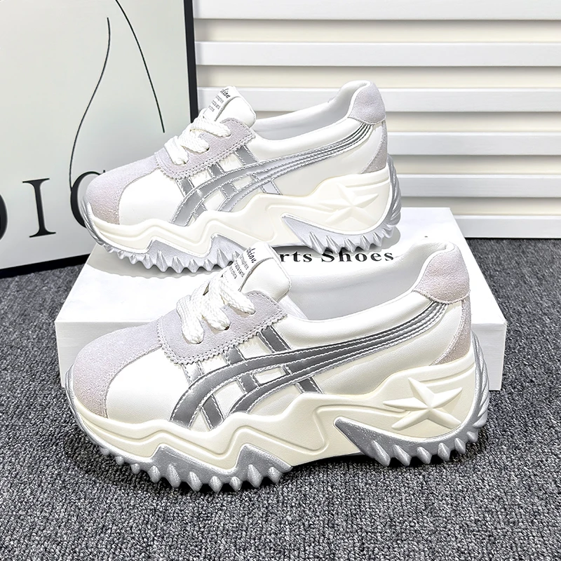 内增高老爹鞋女2024新款春秋浅口单鞋百搭网红厚底休闲运动小白鞋