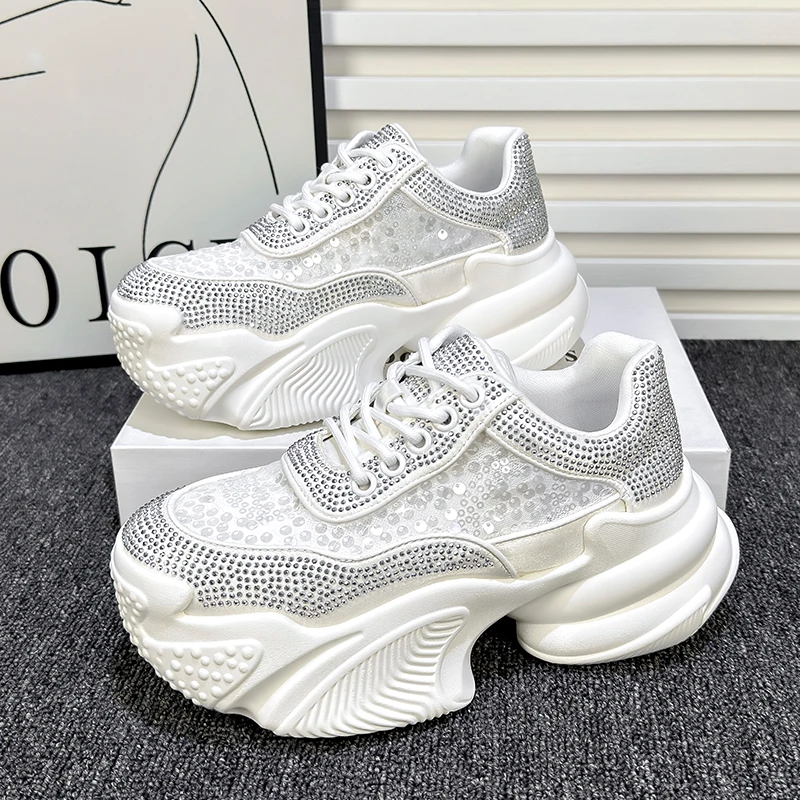 7cm厚底老爹鞋女2024夏季新款百搭网面亮片透气增高时尚运动鞋ins