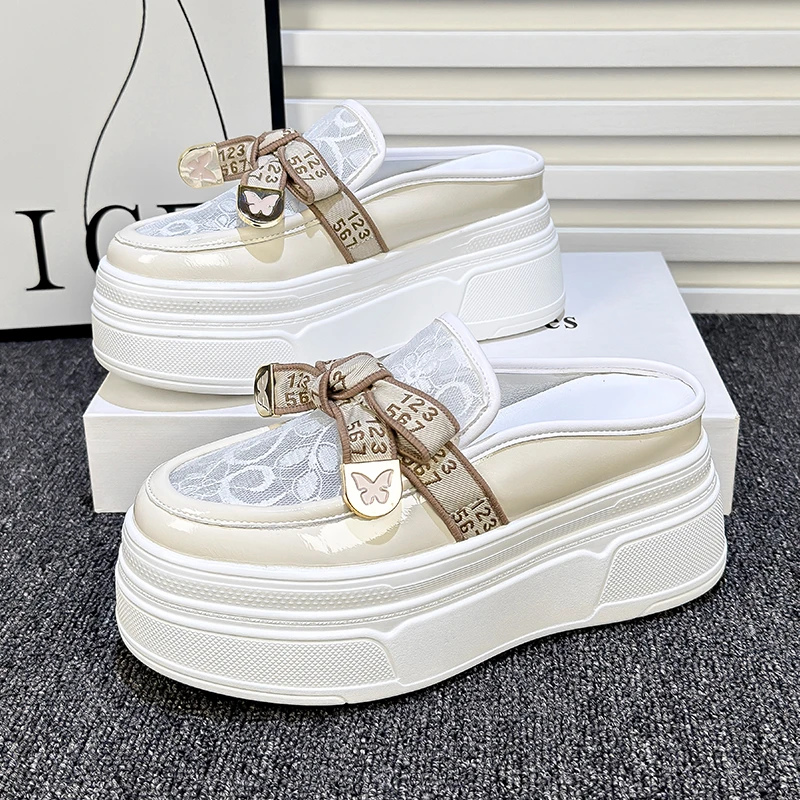 厚底包头半拖鞋女夏外穿2024新款百搭时尚网红松糕底网面透气凉拖