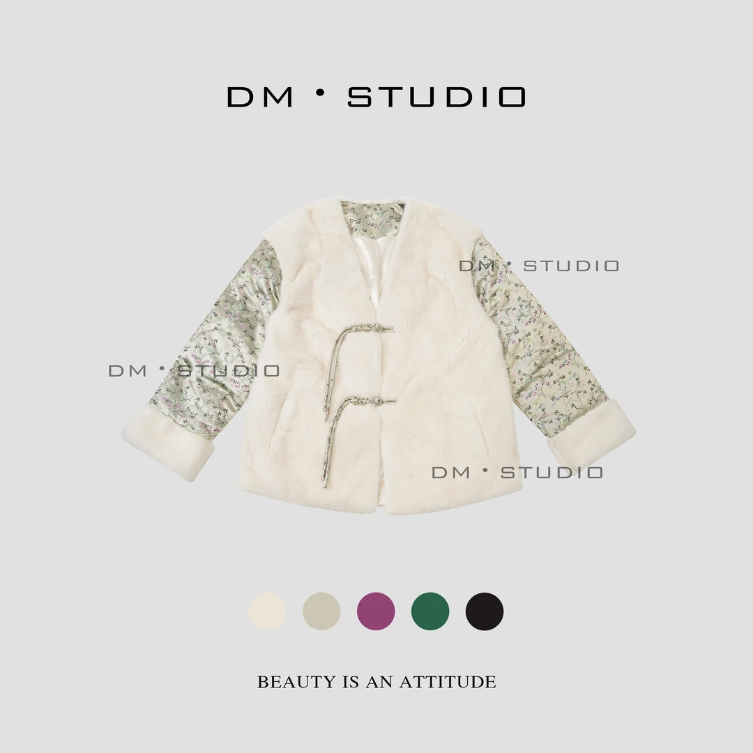 DM•STUDIO/复古气质新中式国风盘扣宋锦碎花拼接水貂外套（D2337）