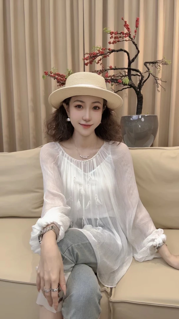 DM•STUDIO/夏季气质吊带时尚显瘦内衬珍珠衬衫上衣（QY8883）