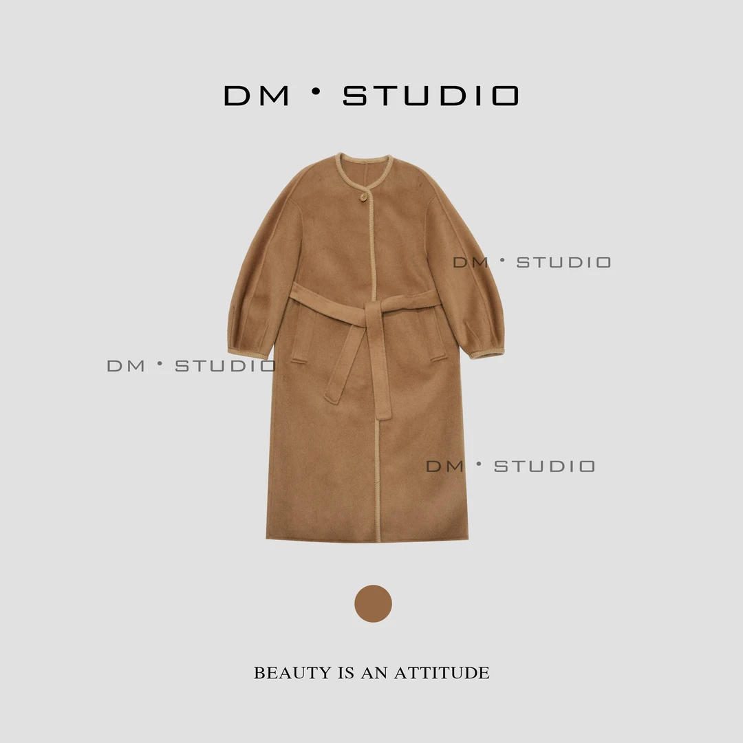 DM•STUDIO/复古中长款绵羊毛+骆驼绒+桑蚕丝毛呢外套大衣（55218）.