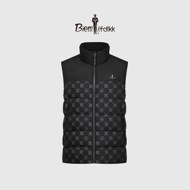 90绒比音勒芬冬季新款男士菱形格老花拼接立领白鸭绒马甲外套