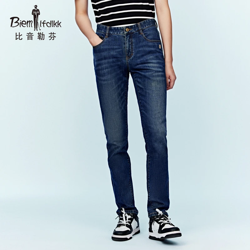 【故宫宫廷文化联名玉兔朝元】比音勒芬秋季男刺绣蓝色弹力牛仔长