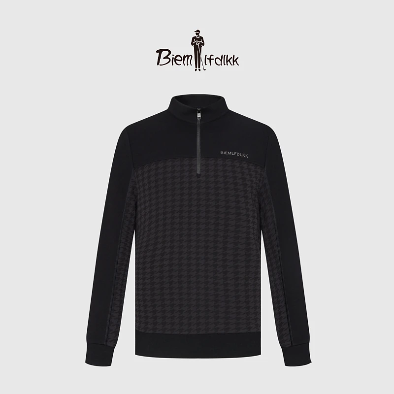 【澳洲16针羊毛】比音勒芬秋冬高级感男千鸟格纹保暖立领羊毛衫男士