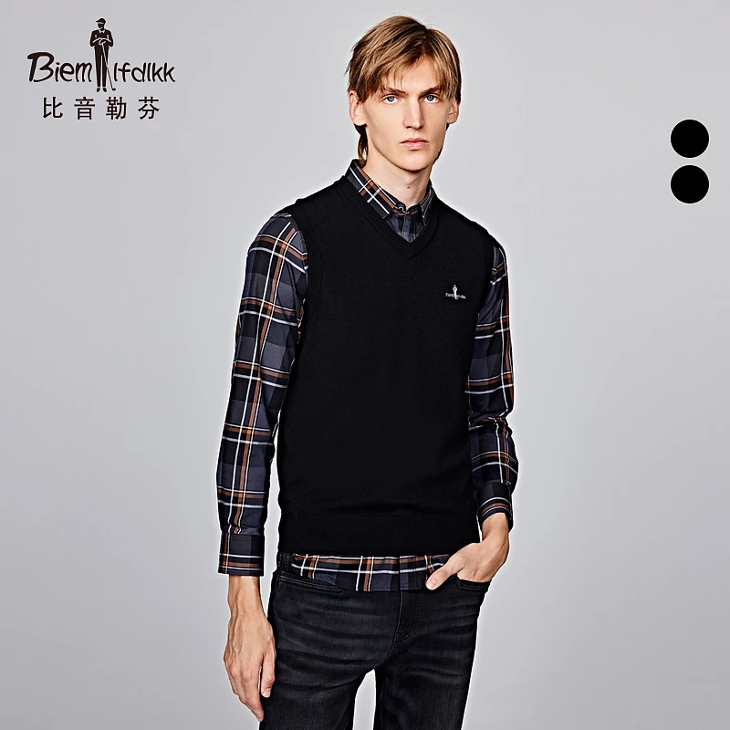 【澳洲美丽诺羊毛】比音勒芬秋冬高级感男士保暖V领撞色羊毛背心