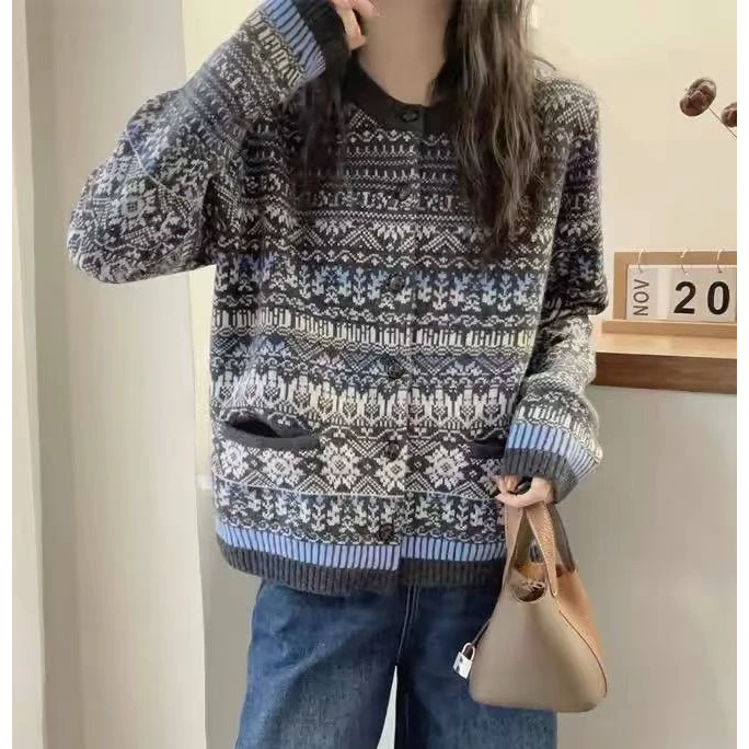 费尔岛毛衣网红针织时尚宽松加厚慵懒风圆领秋冬百搭女士复古