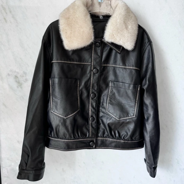 新款冬黑色皮衣外套女主场氛围感宽松韩版显瘦加绒加厚毛领可脱卸