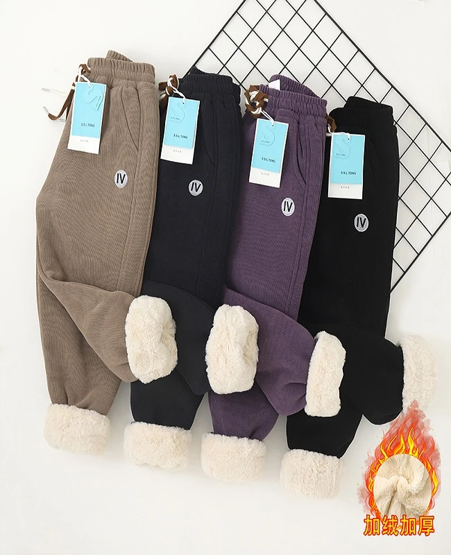 2024新款欧棉绒加厚IV字母加绒加厚仿兔毛裤亲子休闲裤运动长裤