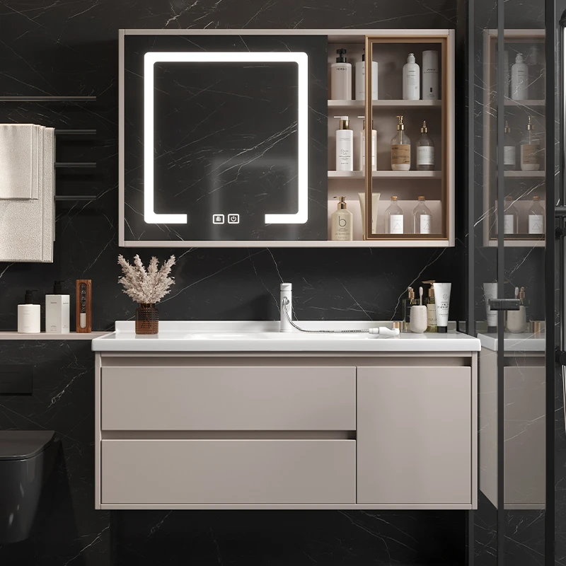 奶油风实木浴室柜组合简约陶瓷一体卫生间洗漱台洗手洗脸盆柜组合