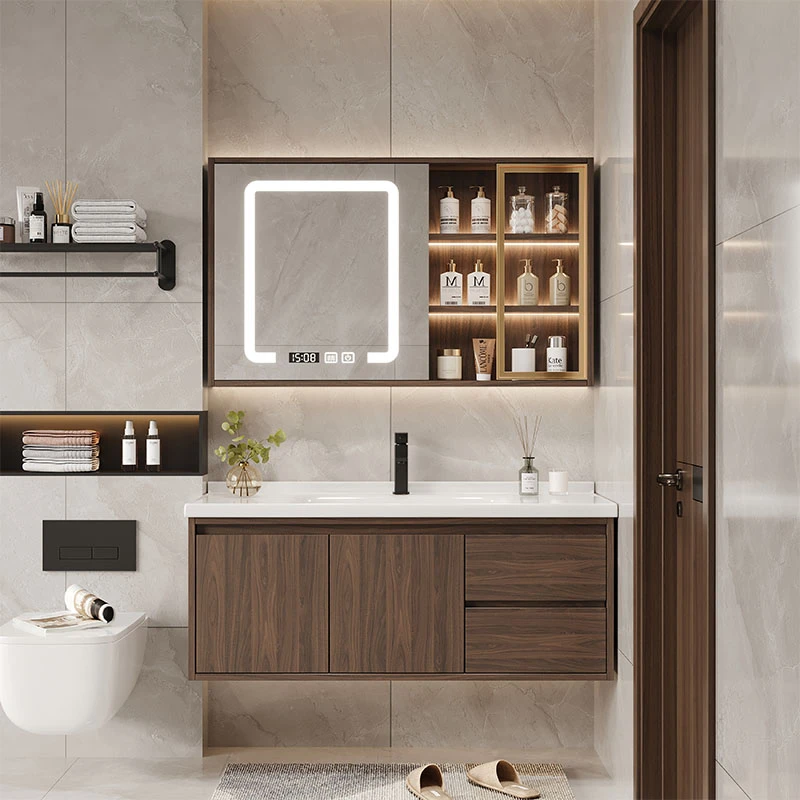 新中式浴室柜组合陶瓷一体盆卫生间胡桃色洗手洗脸盆柜洗漱台卫浴