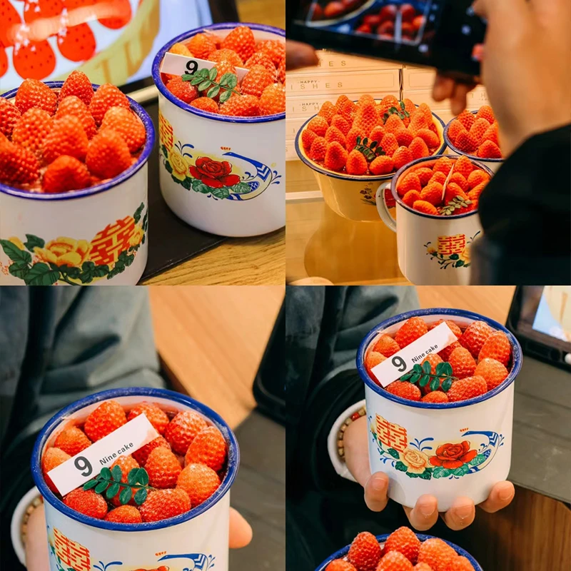 网红草莓搪瓷蛋糕杯复古怀旧茶缸牡丹双喜茶杯圣诞节新年蛋糕杯