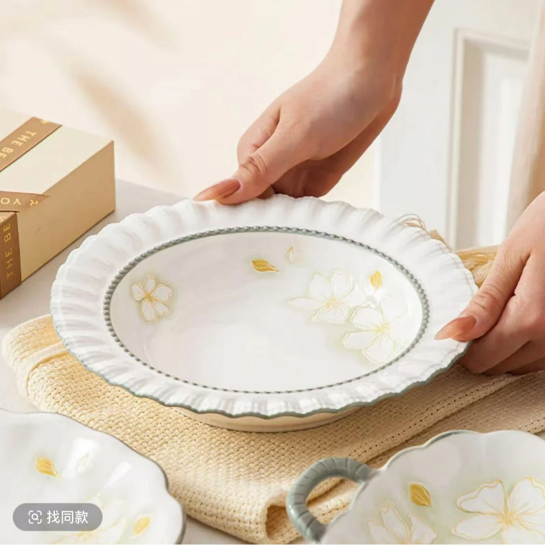 黄金叶系列8.5英寸草帽盘家用陶瓷餐具草帽盘小清新网红餐盘汤盘