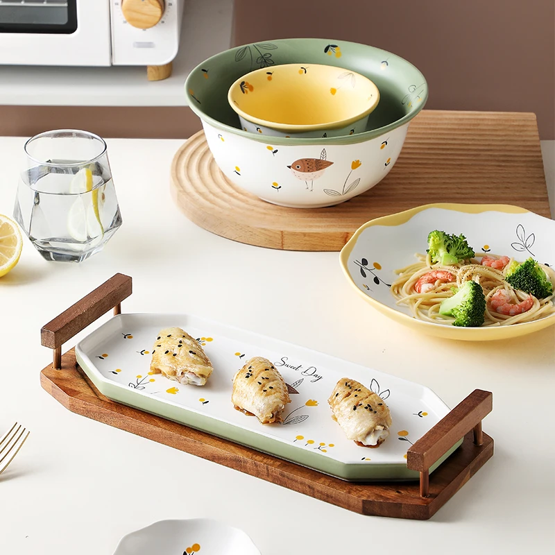 鸟语花香八角盘套装陶瓷釉下彩耐高温强化瓷