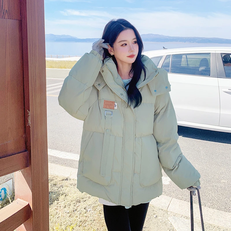 绿色时尚加厚保暖防风连帽棉衣外套女2024冬季新款小个子百搭棉服