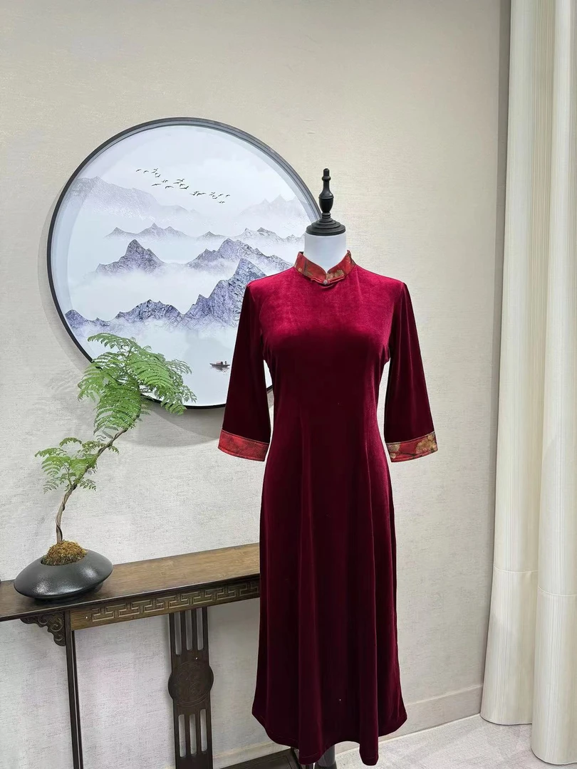 复古风高雅改良旗袍裙七分袖连衣裙国风高档修身显瘦春秋款金丝绒