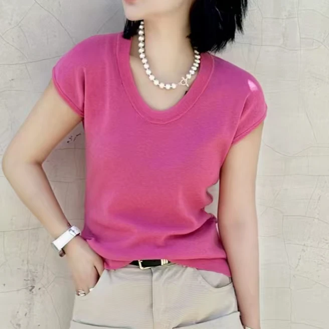 2025新款纯色套头U领无袖超细绵羊毛针织打底衫 时尚简约风上衣女