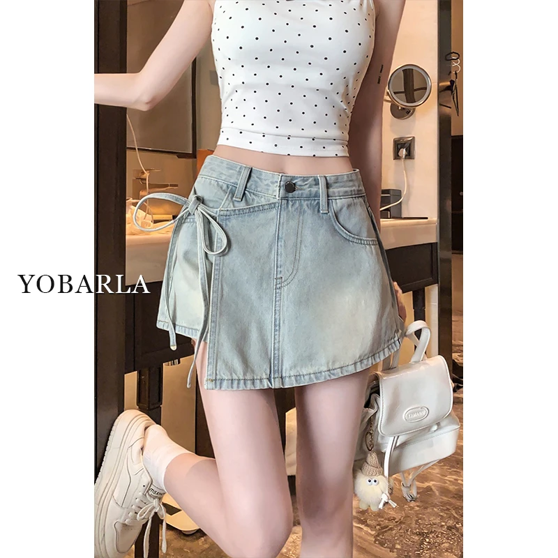 浅蓝色不规则高腰牛仔半身裙女夏季新款大码宽松显瘦绑带a字裙裤
