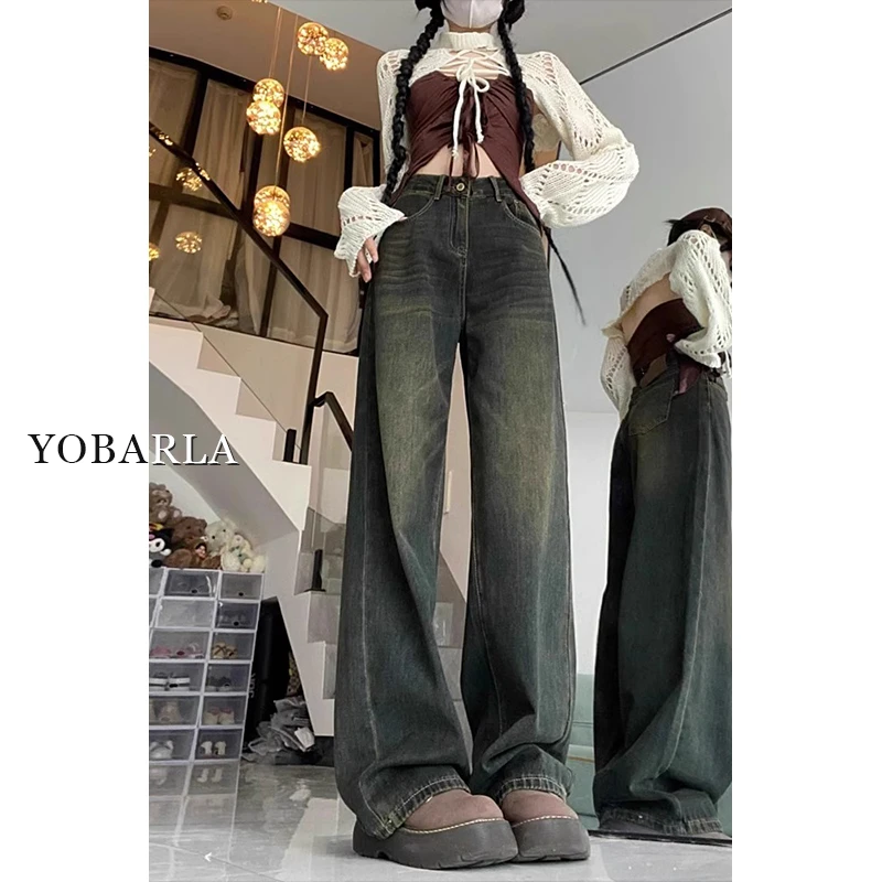 水泥灰阔腿牛仔裤女秋冬加绒高腰大码女士宽松胖mm梨形身材拖地裤