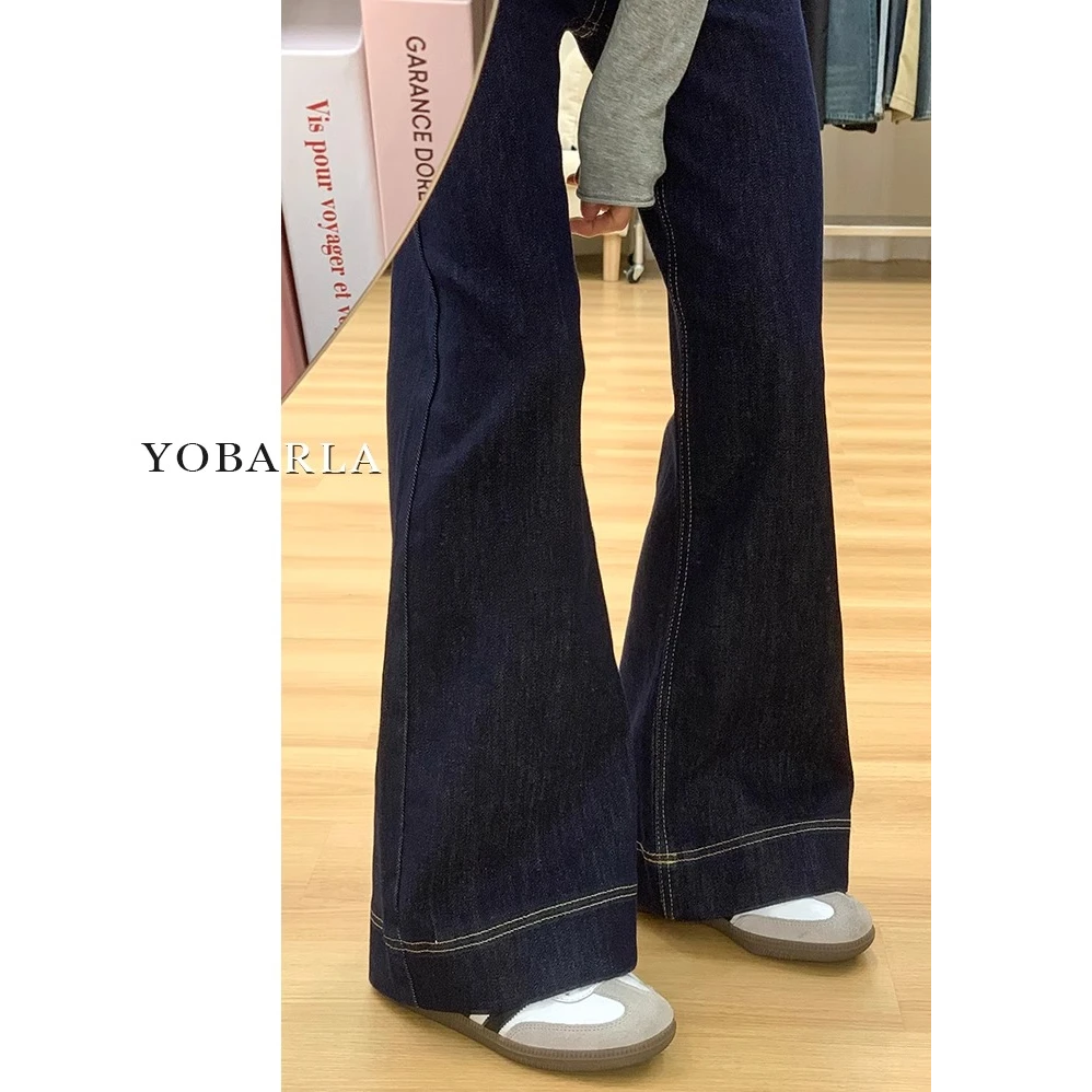 深蓝色a版直筒牛仔裤女冬季加绒胖mm大码显瘦梨形身材宽松阔腿裤