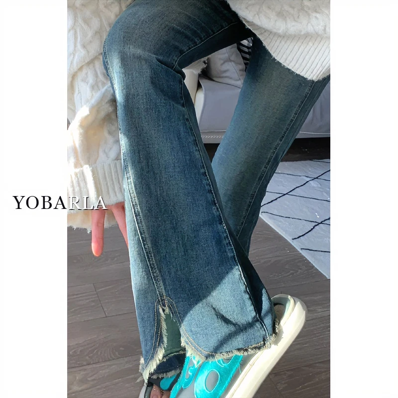复古蓝开叉毛边微喇牛仔裤女秋冬大码胖mm显瘦梨形身材加绒阔腿裤