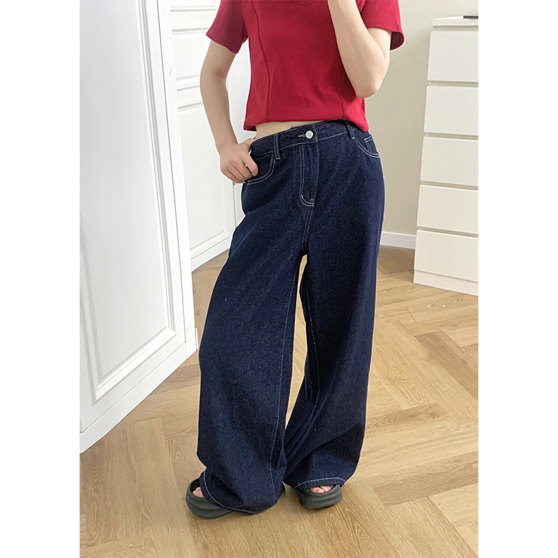 深蓝色A版阔腿牛仔裤女秋冬加绒大码胖mm宽松显瘦梨形身材慵懒裤