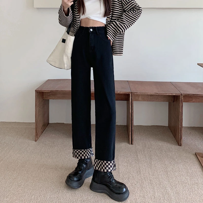 梨型身材卷边直筒牛仔裤女秋冬加绒大码胖mm宽松显瘦小个子阔腿裤