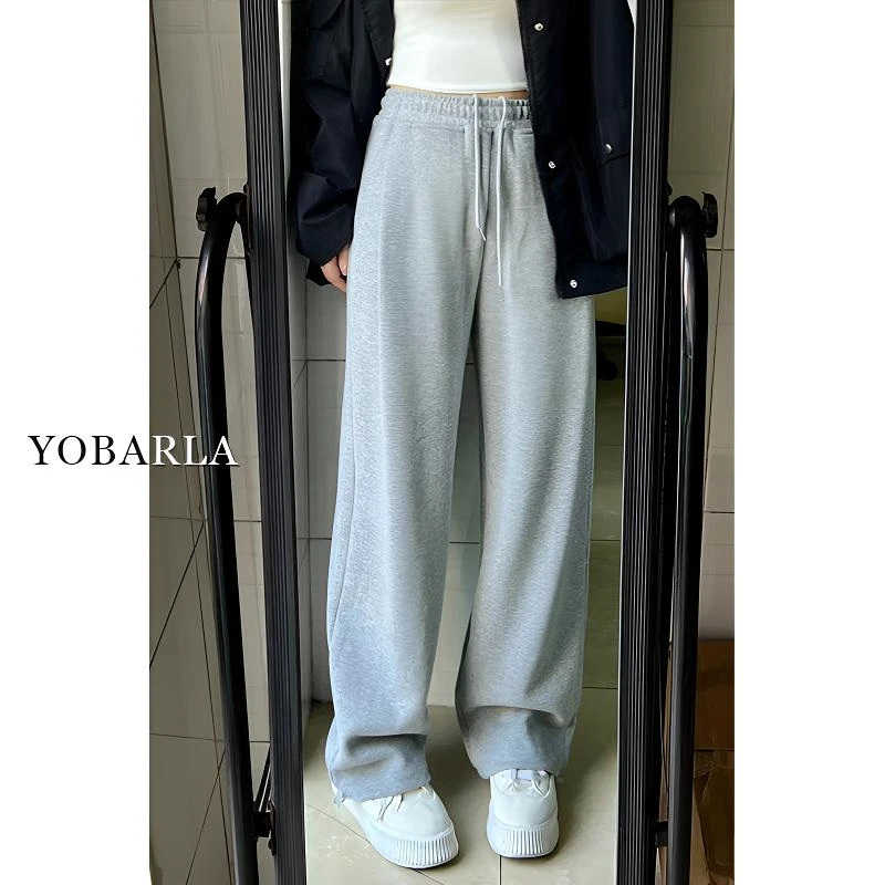 浅灰阔腿休闲裤女年冬季加绒大码宽松胖mm梨形身材直筒运动卫裤